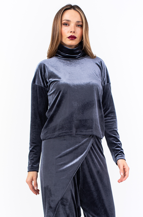 Grey Velvet Turtleneck Sweater