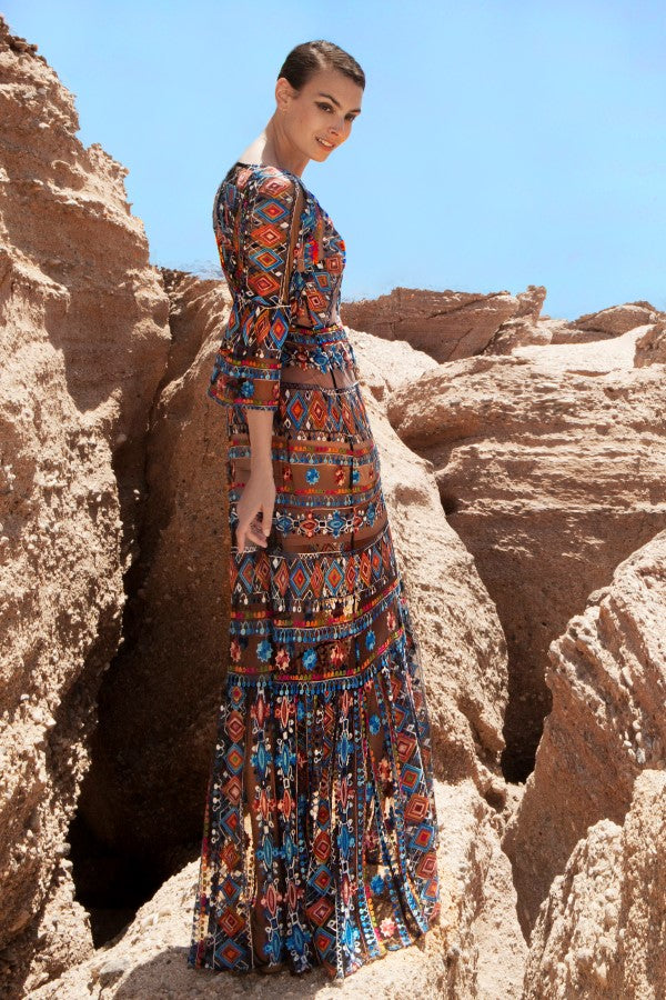 Black Aztec Printed Lace Dress