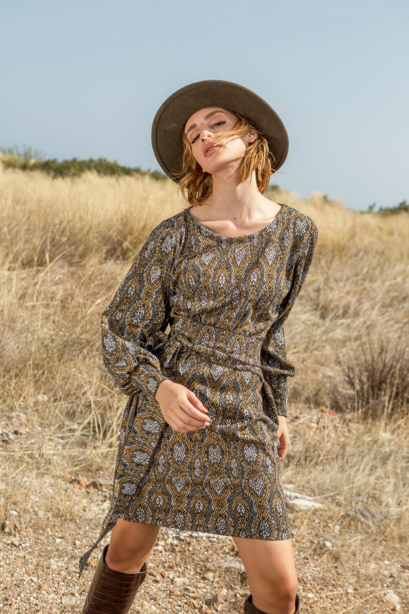 Grey & Mustard Wrap Around Dress