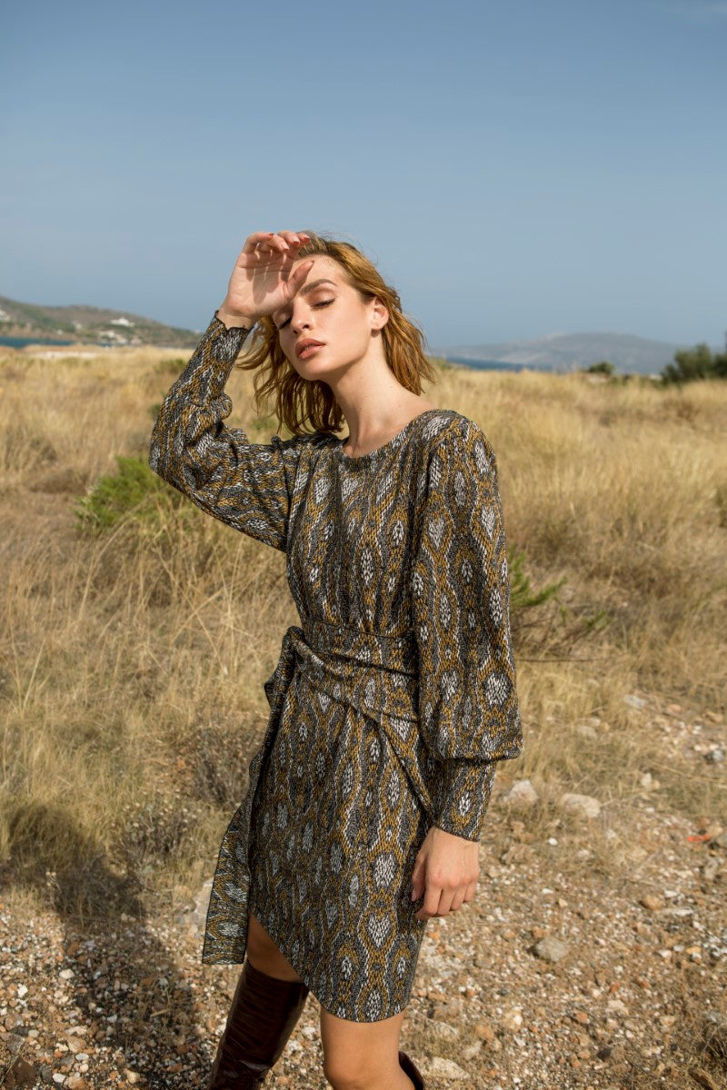 Grey & Mustard Wrap Around Dress