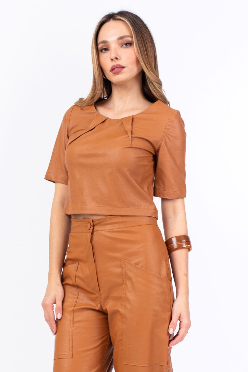 Tobacco Faux Darted Leather Top