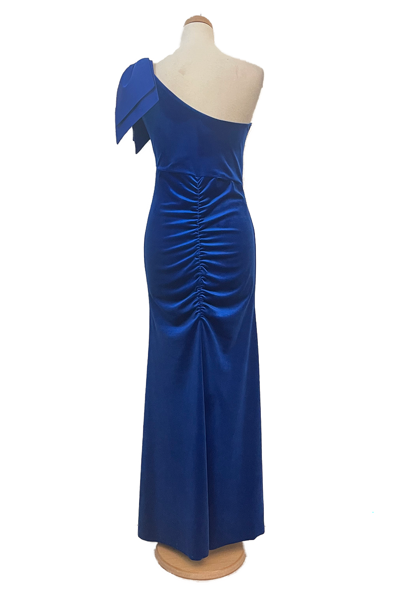 Electric Blue Velvet One Shoulder Dress With High Slit