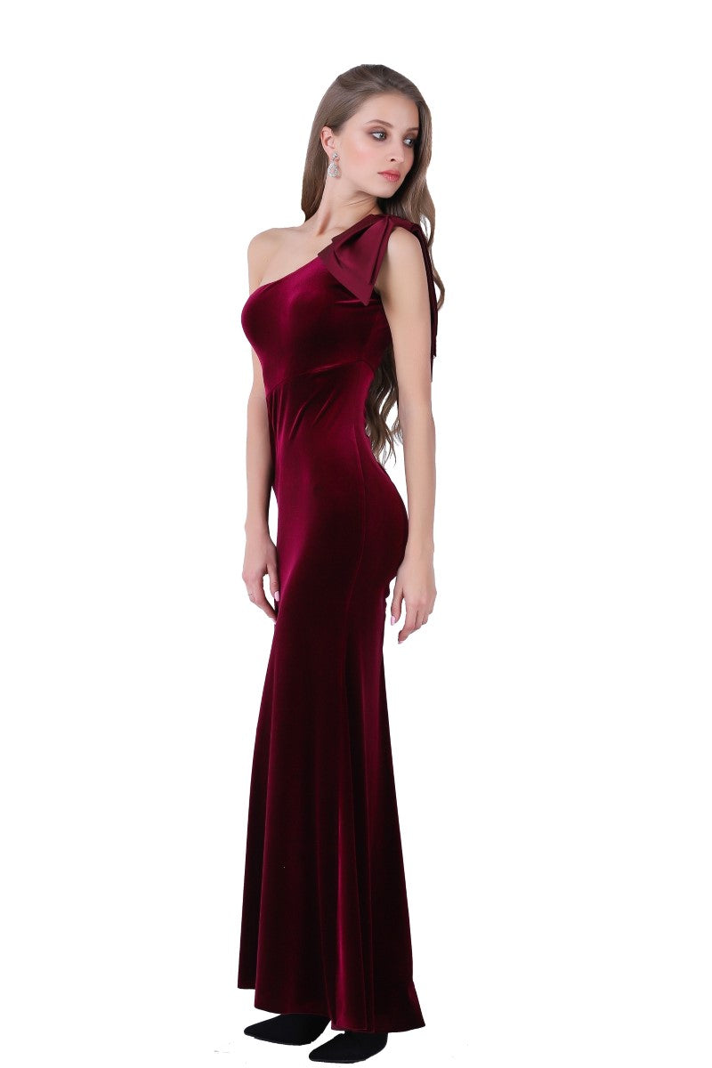 Velvet One Shoulder Dress With High Slit