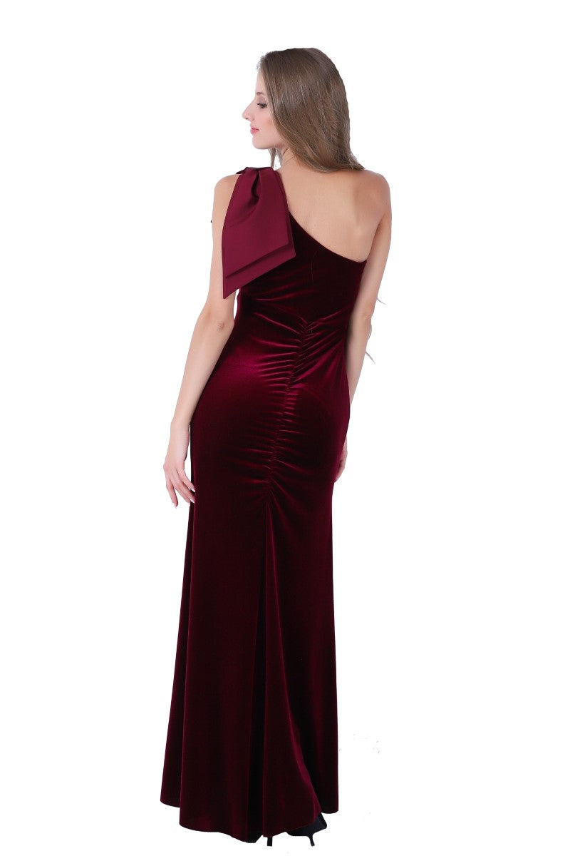 Velvet One Shoulder Dress With High Slit
