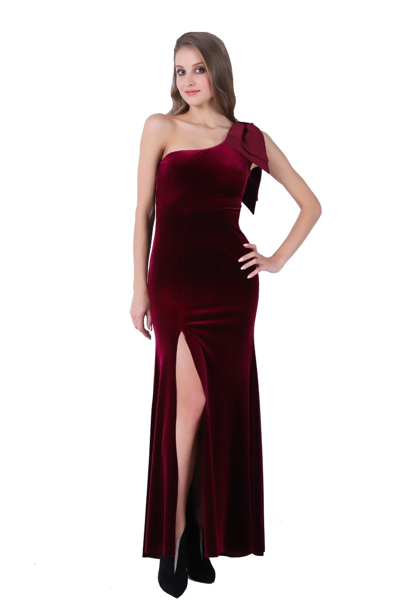 Velvet One Shoulder Dress With High Slit
