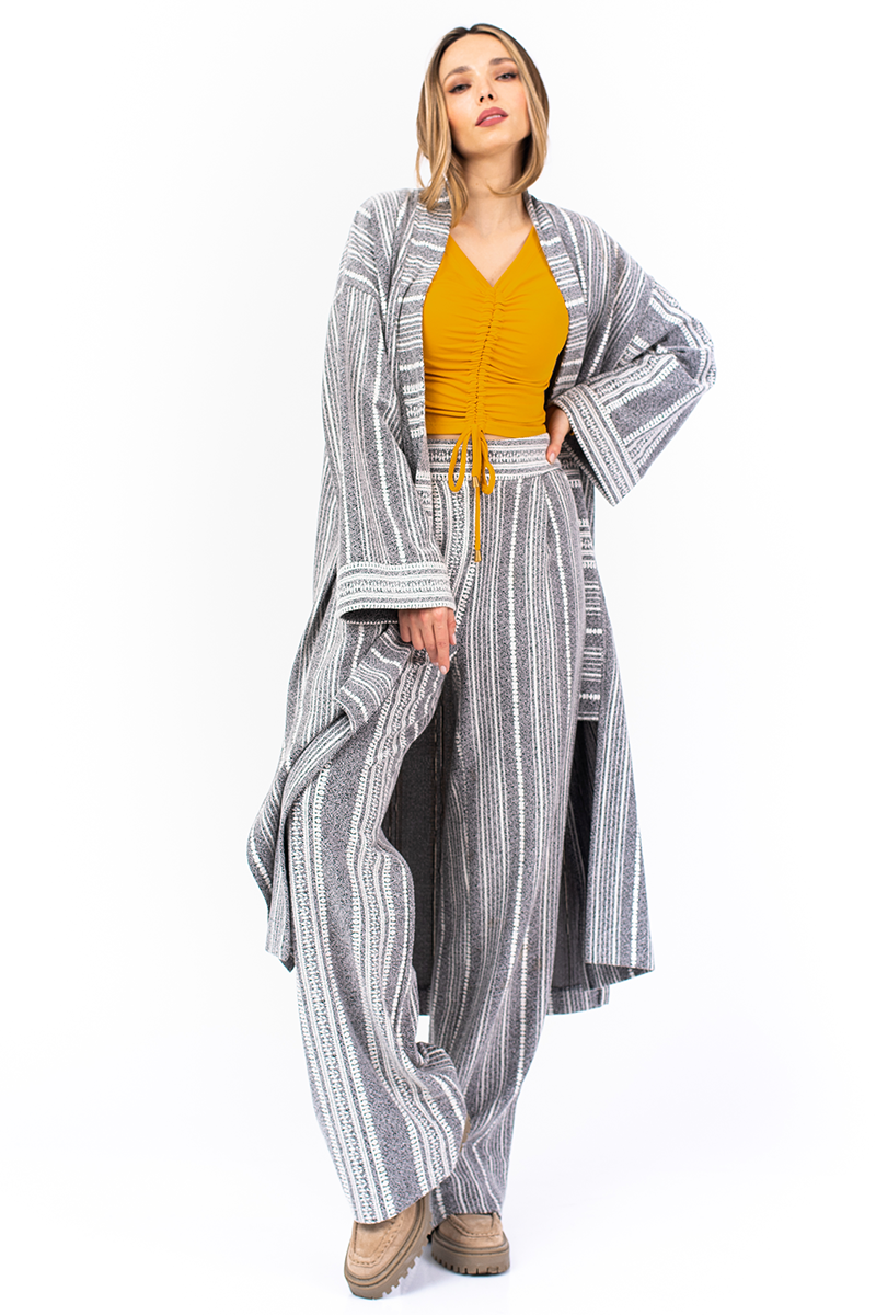 Grey Striped Long Cardigan