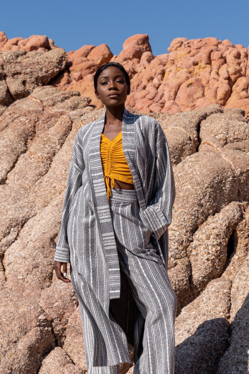 Grey Striped Long Cardigan