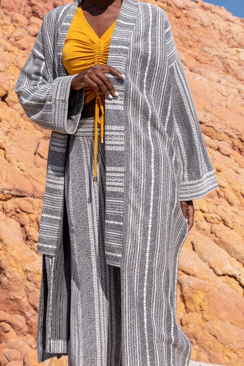 Grey Striped Long Cardigan