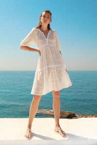 White Lace Kaftan Mini Dress With Ruffles