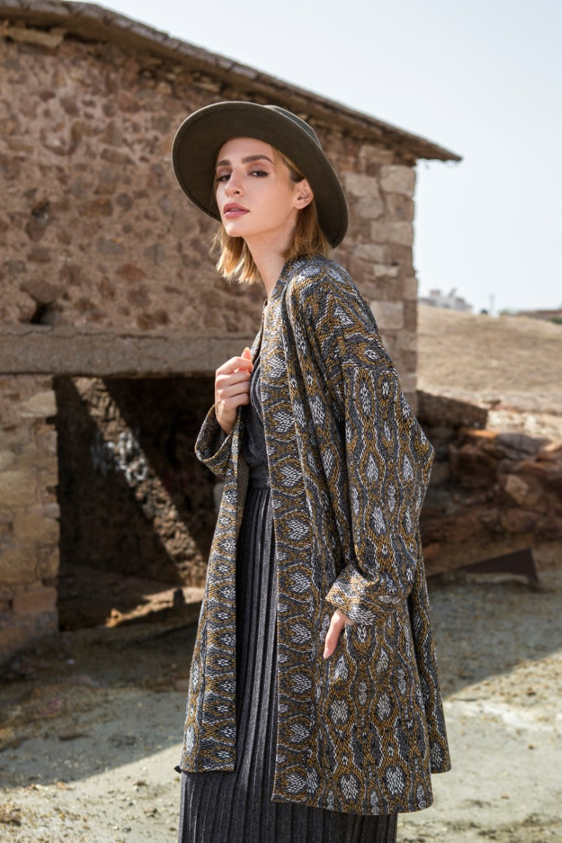 Grey & Mustard Printed Cardigan