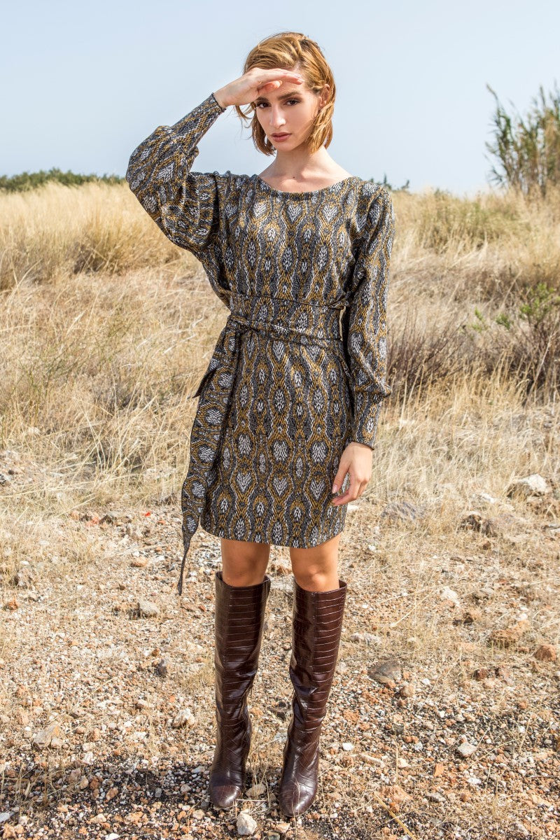 Grey & Mustard Wrap Around Dress