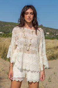 Cream Lace Co-ord Top With Bell Sleeves
