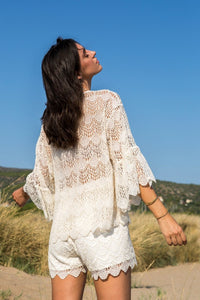 Cream Lace Co-ord Top With Bell Sleeves