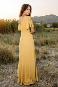 Linen Frilled Asymmetric Long Dress - Mustard Yellow