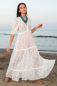 White Lace Kaftan Maxi Dress With Ruffles