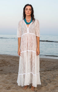 White Lace Kaftan Maxi Dress With Ruffles