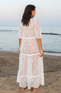 White Lace Kaftan Maxi Dress With Ruffles