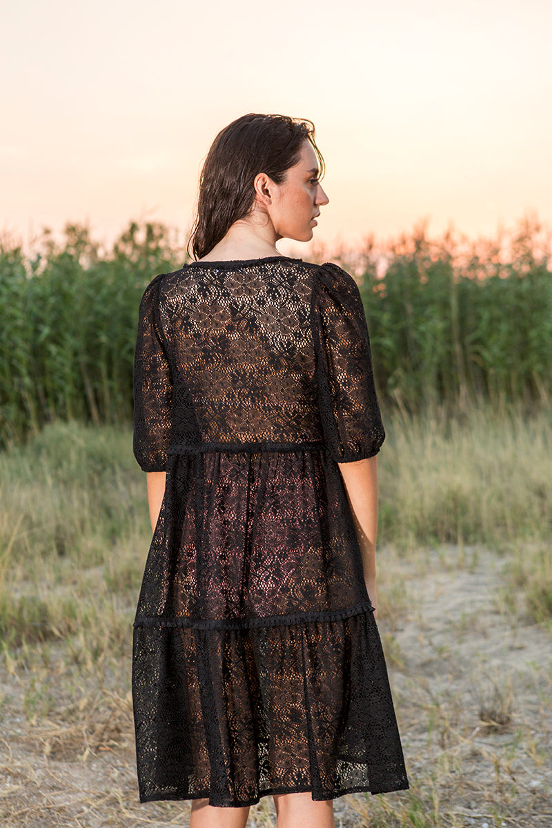 Black Lace Kaftan Mini Dress With Ruffles victoriahaitoglou